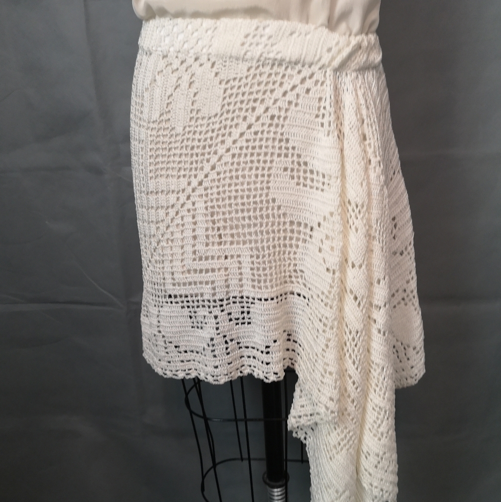 NEO-VINTAGE Eco-lux IVORY upcycled crochet draped front handkerchief hem skirt